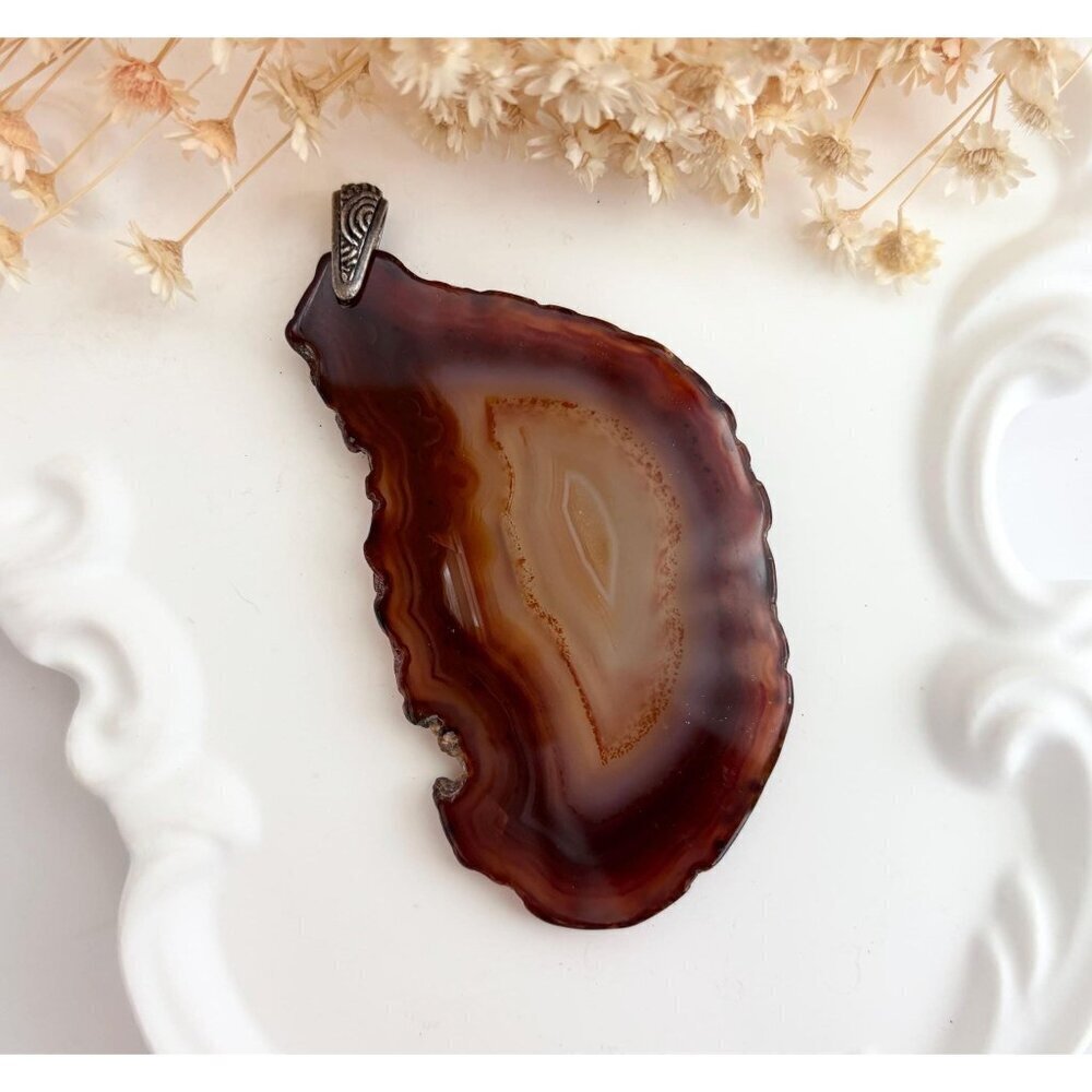 Brown Sliced Banded Agate Geode Crystal Freeform Large Silver T Vintage Pendant